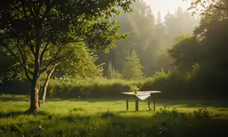 a table sits in the middle of a meadow under the shade of trees