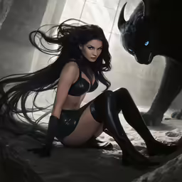 a woman in a cat suit is kneeling down next to a black demon