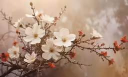 the white flowers are surrounded by red and black leaves