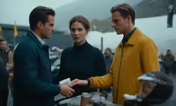three people standing by a table with food and drinks