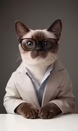 a cat wearing glasses and a coat sitting at a table