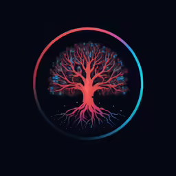a tree with blue, red and green leaves surrounded by circles on a black background
