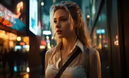 a blonde woman in a white shirt and black bag