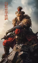 the character is sitting on the top of a mountain