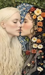 two young women kissing in the grass