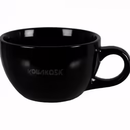 a black coffee mug with a white print