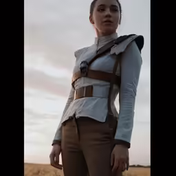 a woman is in the field with a white dress
