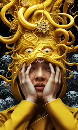 a woman with many weird things in her hair