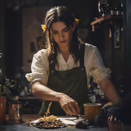 a girl wearing an apron chopping mushrooms in a pan