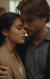a man and woman hugging while dressed in black