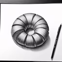 a pencil drawing of a donut on paper
