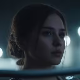 a beautiful woman looking in the mirror in a darkened room