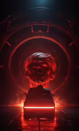 an orange and red image of a man with his head over his shoulder
