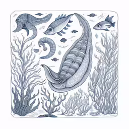 a drawing of some fish swimming around plants,a drawing of some sea animals