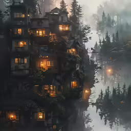 the houses with lights are in the forest at night