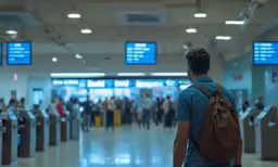 a man in a blue shirt is standing in front of a line of luggage bags