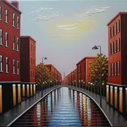 a painting of some sort with water and some buildings,a painting that looks like a view from the river,an image of a painting of a street with buildings,a painting of buildings and trees on a street,there is a painting on display in the painting gallery