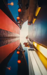 a narrow river running between two red buildings