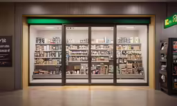 the front of a store with glass doors