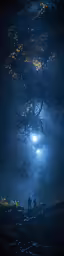 blue cloudy sky and rain over trees and street lights