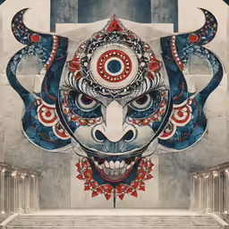 an art work of a demonic looking mask