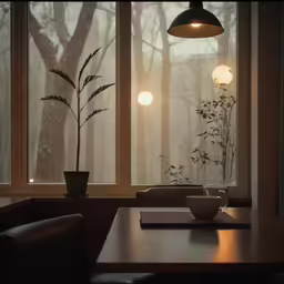 a room with a potted plant and table by a window