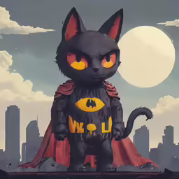 cat wearing a batman outfit stands in front of a city skyline