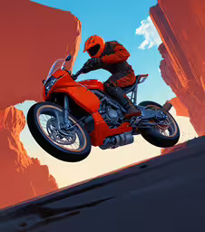 a red motorcycle is flying over the beach,the man is riding his orange motorcycle through some rocks