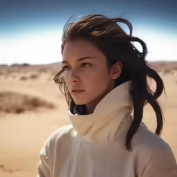 a woman in a white sweater stands on sand dunes