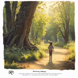 the boy is walking down the path toward the light