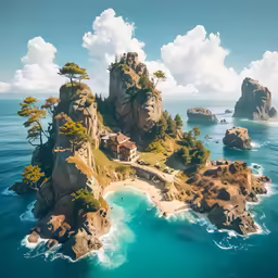 a small island with a few houses in the middle of it