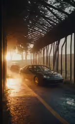 a car driving down the road near trees and an awning
