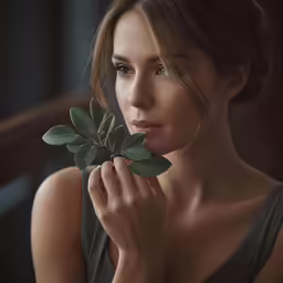 a young lady holding a small leaf to her nose