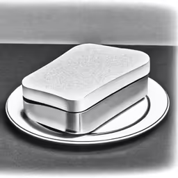 a small, white object sits on a silver plate