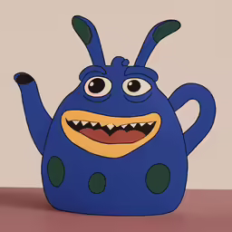 a blue cartoon character standing with an evil expression