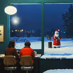 people sit at tables and watch an animated man in red