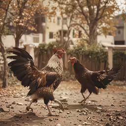 there are two very large roosters outside in the yard