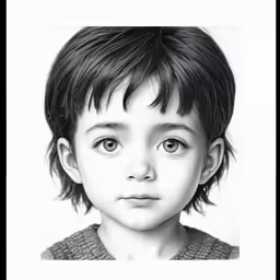 a black and white photo of a child with long bangs