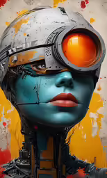 the face of a woman in a blue and white robot suit