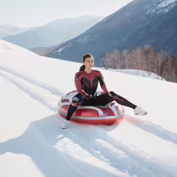 woman sitting on top of a snow sled in the snow