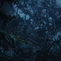 the rain drops on branches, creating a blurry background
