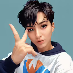a woman making the peace sign in front of a blue background
