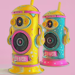 two robot - like shaped objects made of cardboard,two toy robot like speakers on top of each other