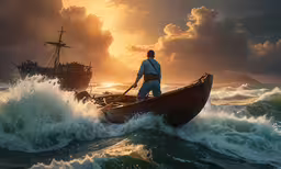 man on boat looking at ship in rough ocean,there is a man in the boat in the water