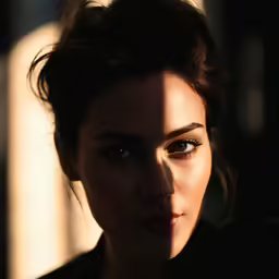 a woman wearing bright makeup looks directly at the camera