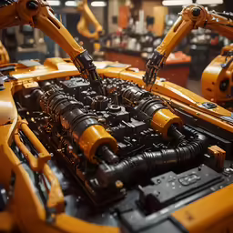 a robot holding a machine behind a car with parts on it