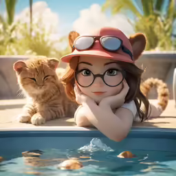 the little girl is sitting in front of a swimming pool