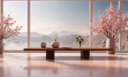 a wooden table topped with vases on top of a wooden table