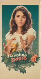 a woman wearing white and holding a cup and giving the finger sign