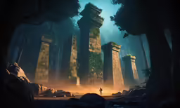 an illustration of a forest setting with rocks and trees